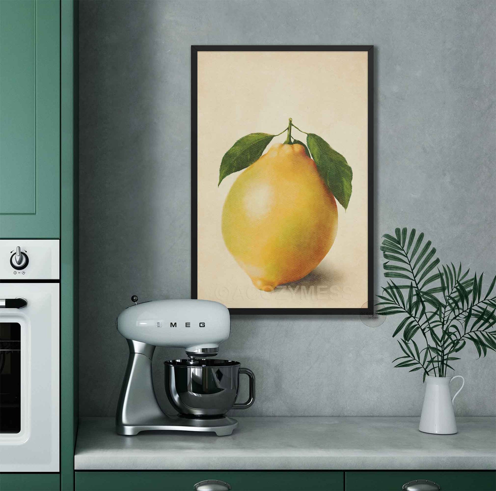 Lemon poster in a black frame, bright yellow lemon centered on soft beige background for gallery-style kitchen decor.
