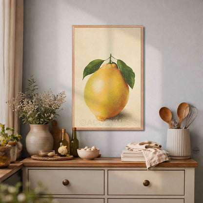 Framed artwork of a lemon on a kitchen counter with decorative items.