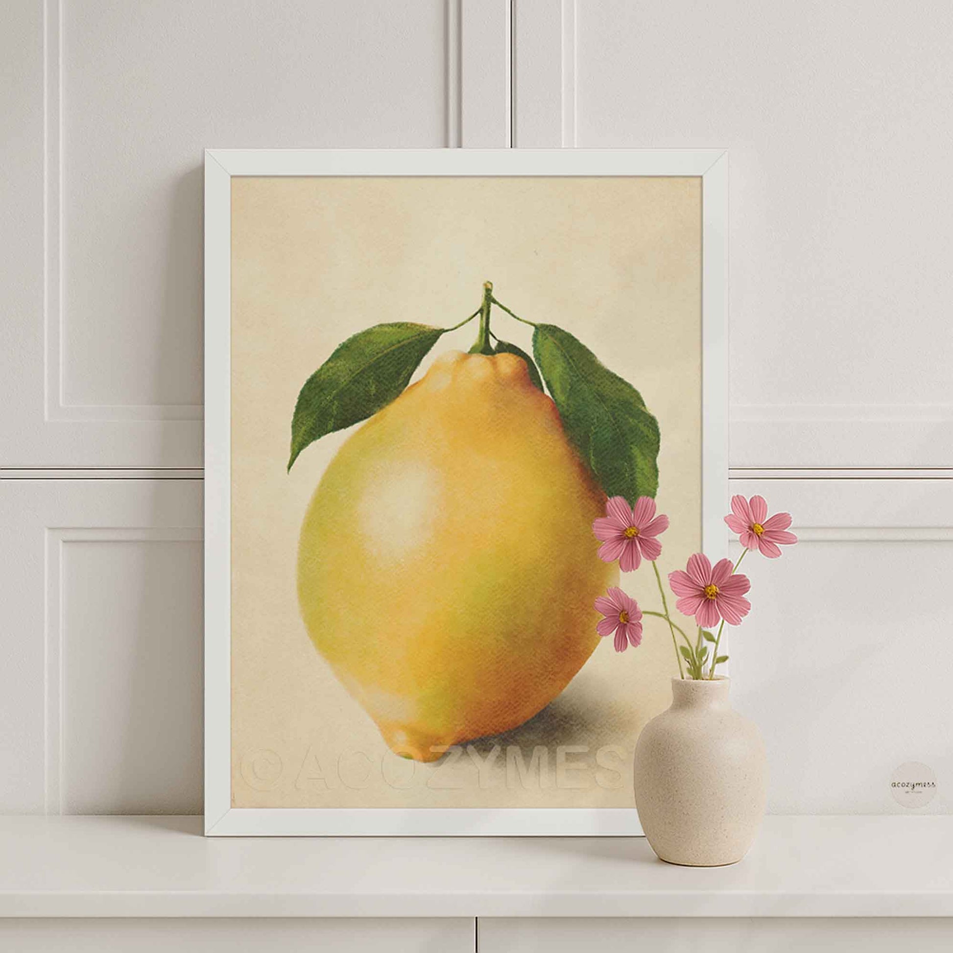 Lemon print in a white frame, clean modern citrus still life on beige background for a bright, airy interior.