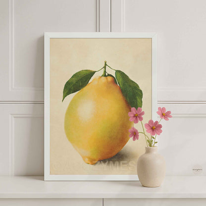 Lemon print in a white frame, clean modern citrus still life on beige background for a bright, airy interior.
