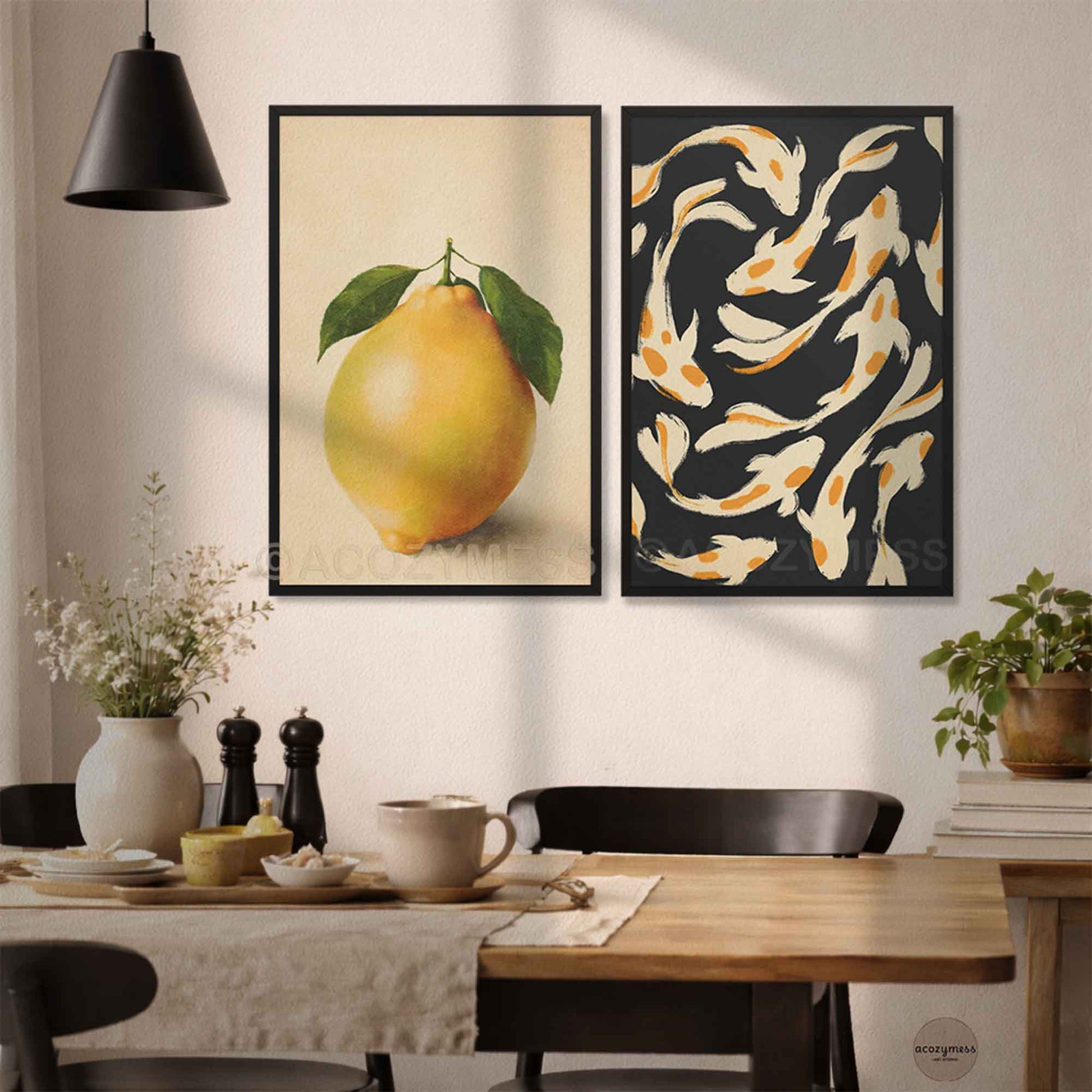 Dining room with framed artwork of a lemon and koi fish on the wall.