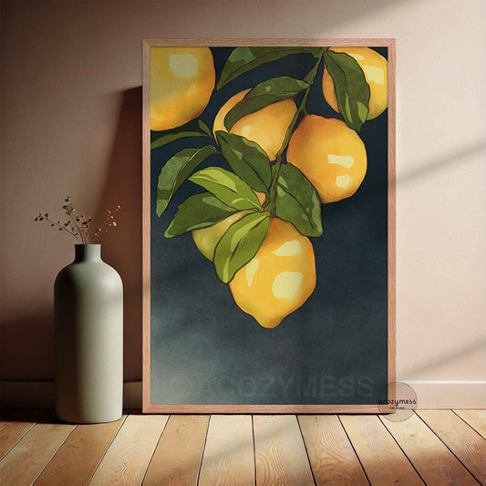 Oakwood framed lemon wall art poster featuring bright lemons illustrated against a dark background.