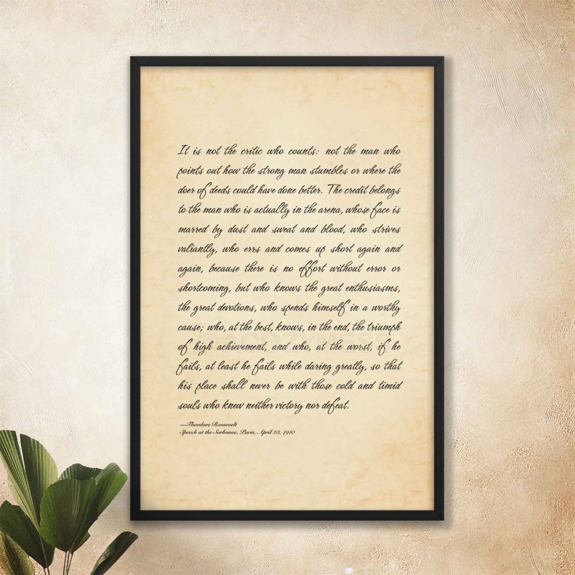 The Man in the Arena poster featuring Theodore Roosevelt's iconic quote, available in black frame.