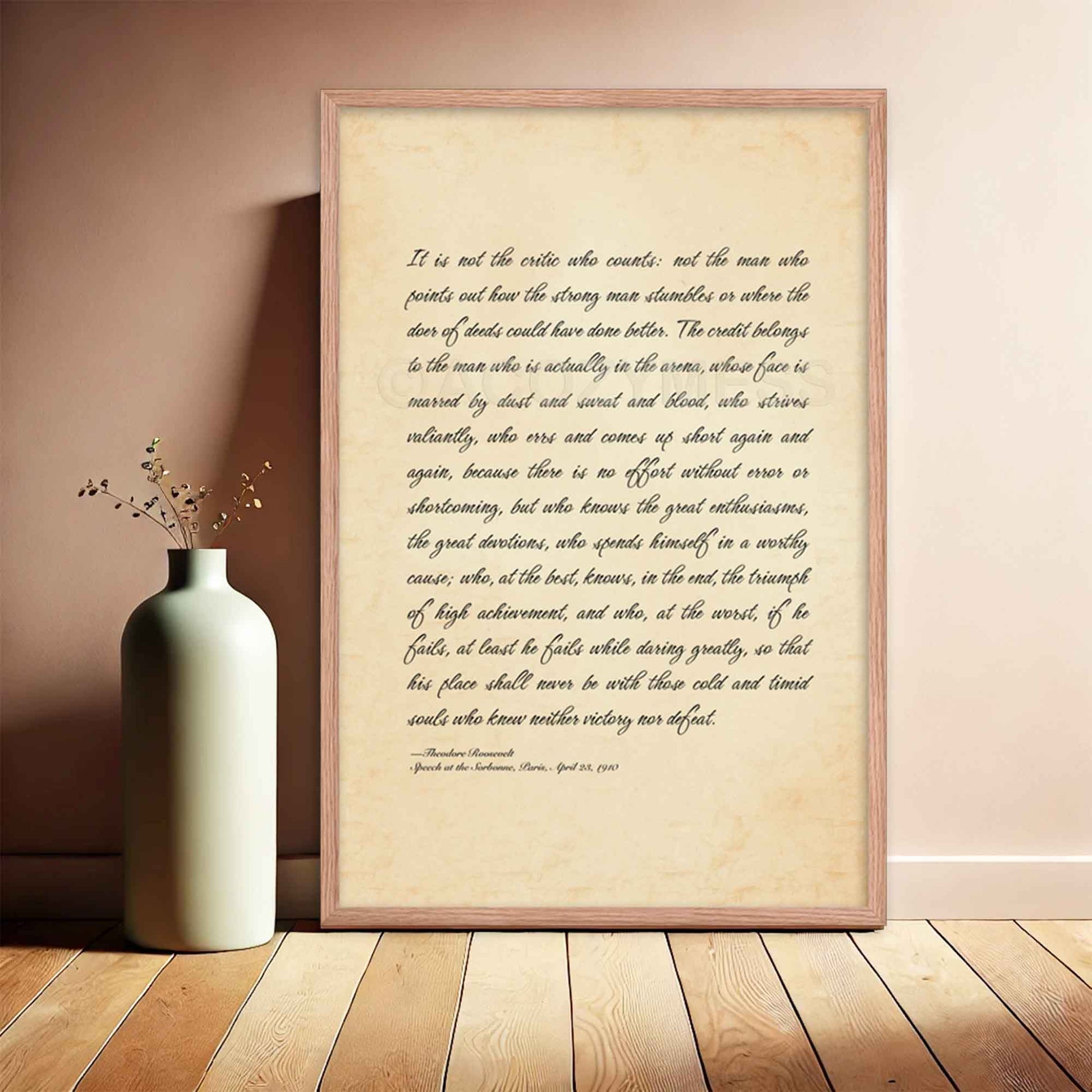 The Man in the Arena poster featuring Theodore Roosevelt's iconic quote, available inn oak frame.