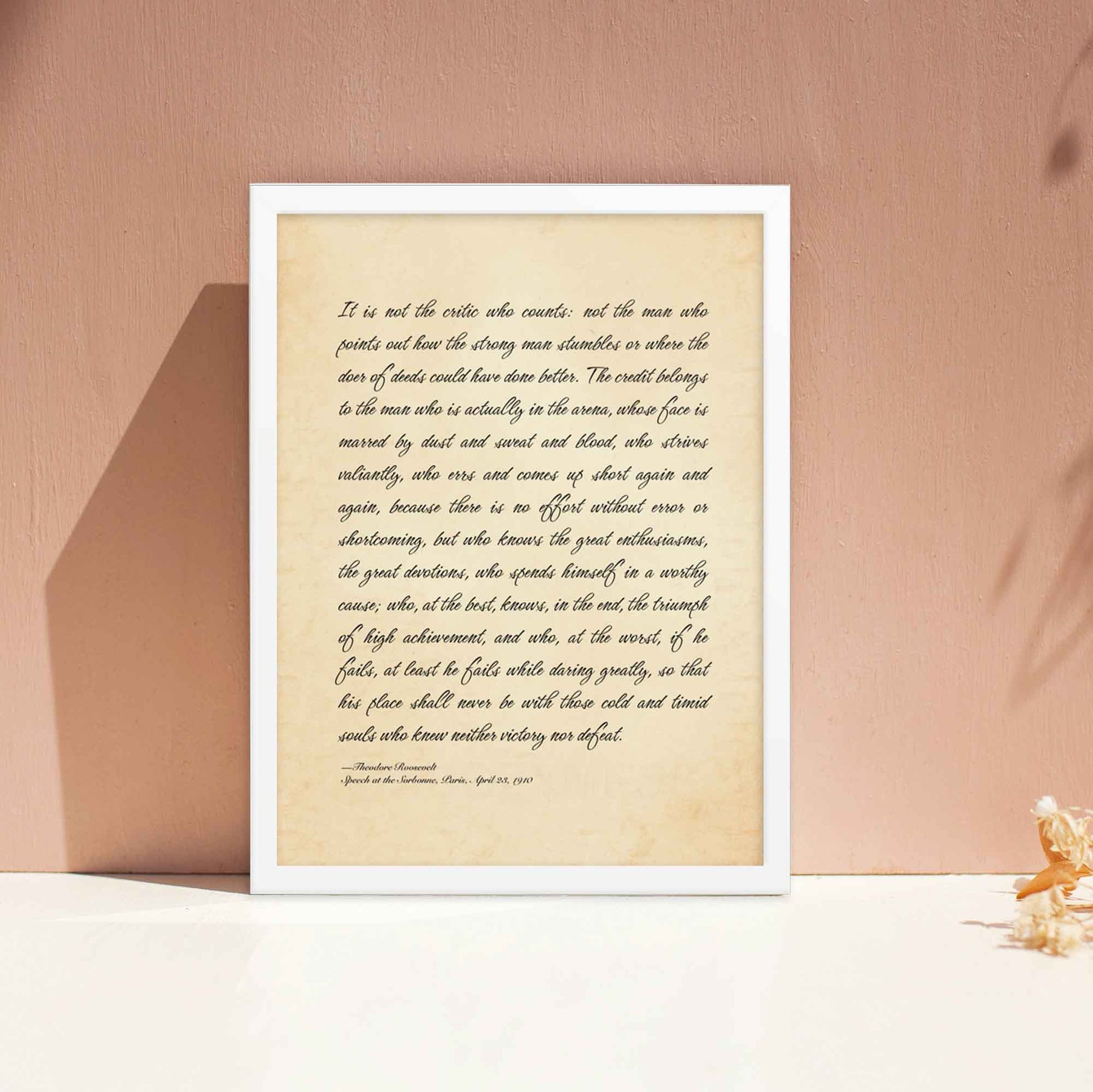 The Man in the Arena poster featuring Theodore Roosevelt's iconic quote, available in white frame