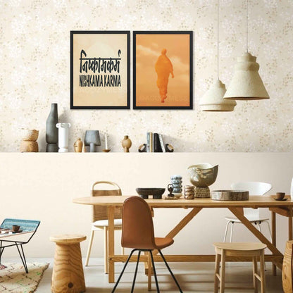 A black-framed typography poster featuring the concept of Nishkama Karma (निष्काम कर्म) in both Hindi and English on an aged, old-paper background.