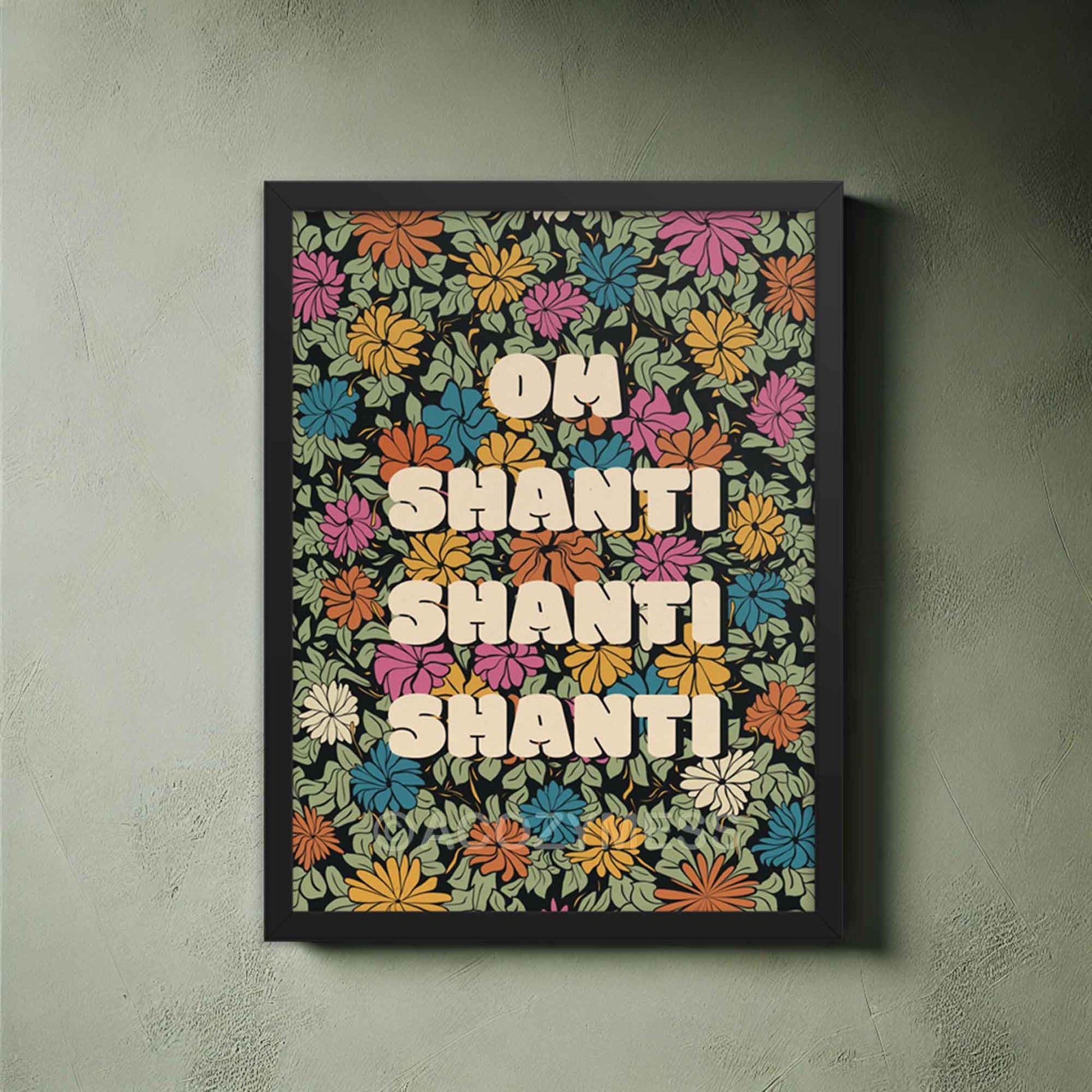 Om shanti mantra floral art print in black frame.