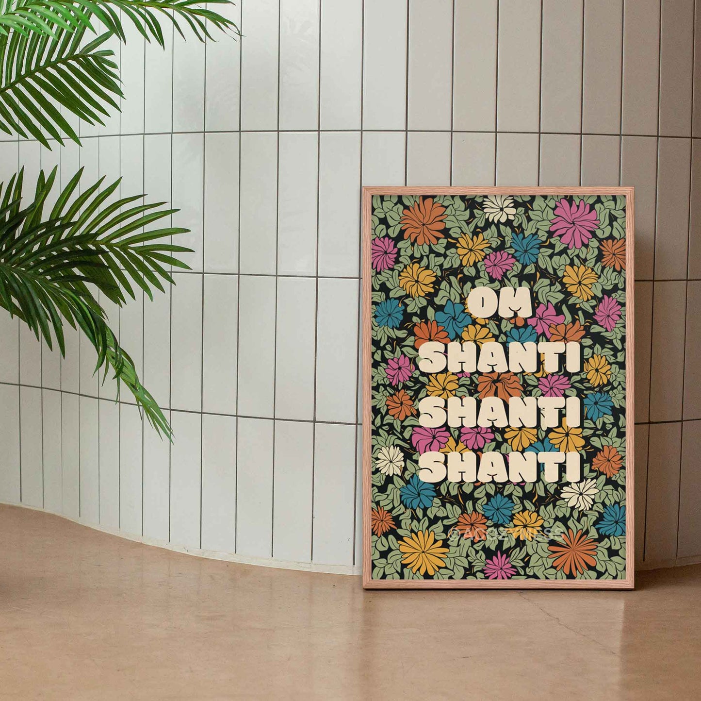 Om shanti mantra floral art print in oakwood frame.