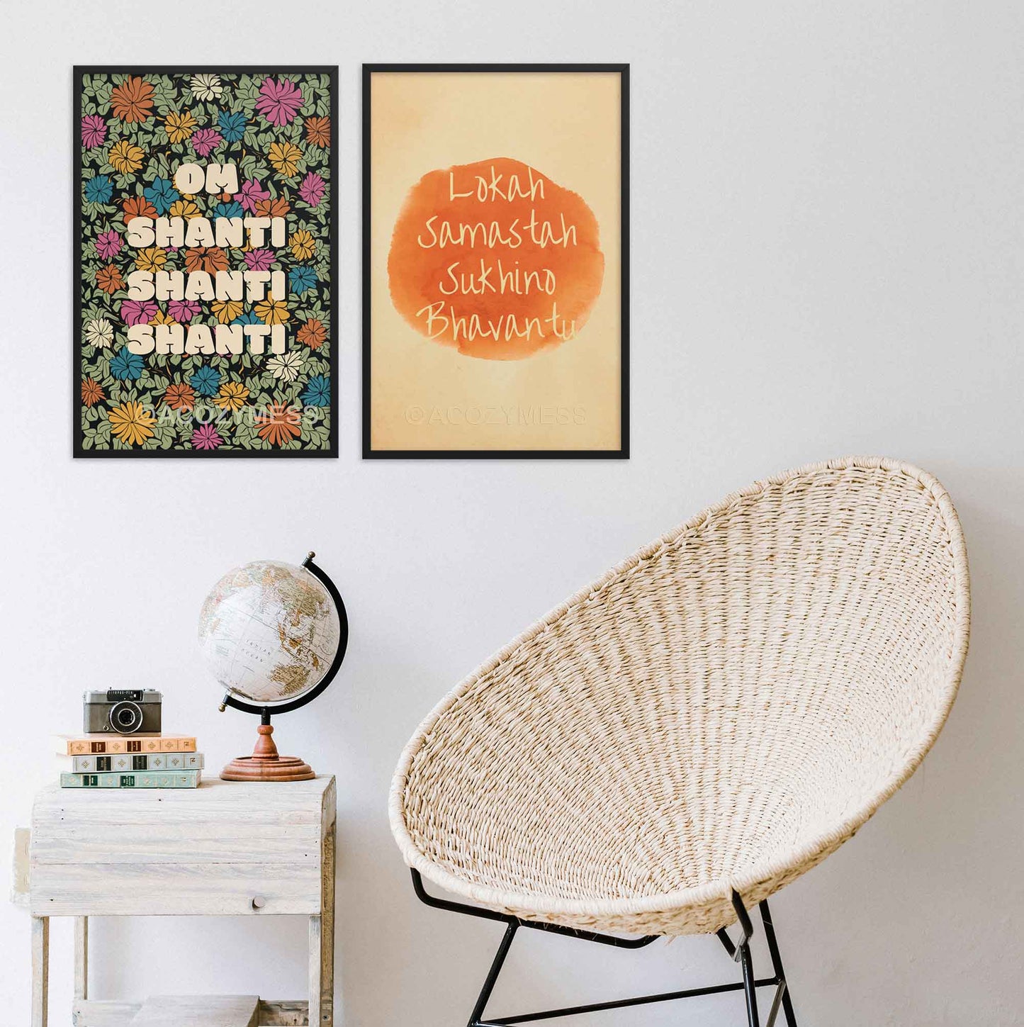 Om shanti mantra floral art print and lokah samastah poster in black frame.