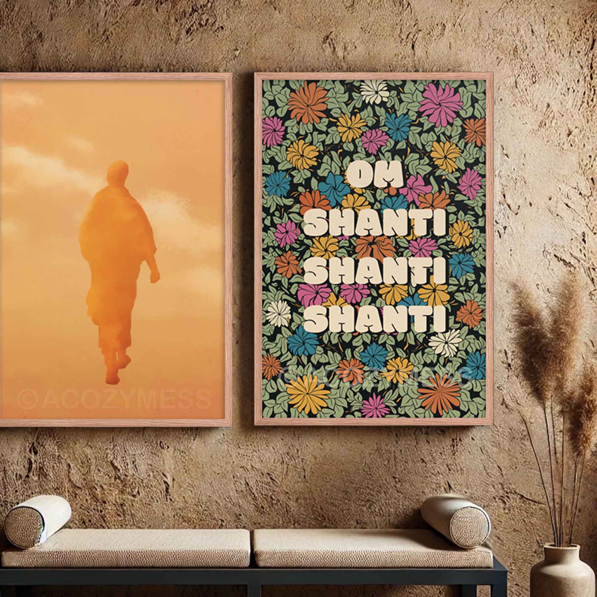 Om shanti mantra colorful floral art print  and walking meditation poster of a monk walking in oakwood frame.