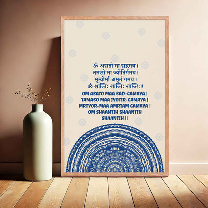 A spiritually inspired poster featuring the Om Asato Maa Sadgamaya mantra in elegant typography, surrounded by an intricate blue  mandala design in oakwood frame.