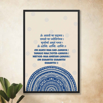 A spiritually inspired poster featuring the Om Asato Maa Sadgamaya mantra in elegant typography, surrounded by an intricate blue  mandala design in black frame.