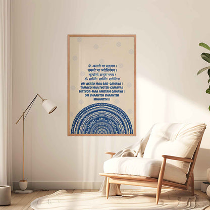 A mantra poster featuring the Om Asato Maa Sadgamaya mantra in elegant typography, surrounded by an intricate blue  mandala design in oakwood frame.