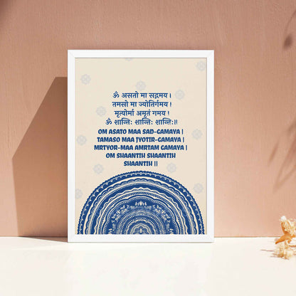 A spiritually inspired poster featuring the Om Asato Maa Sadgamaya mantra in elegant typography, surrounded by an intricate blue  mandala design in white frame.