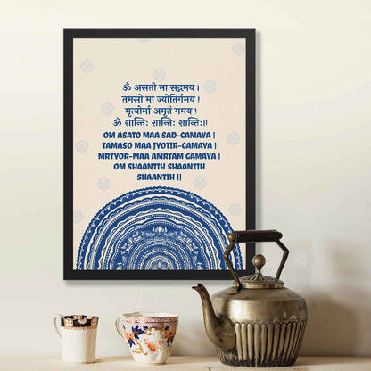 A spiritual poster featuring the Om Asato Maa Sadgamaya mantra in elegant typography, surrounded by an intricate blue  mandala design in black frame.