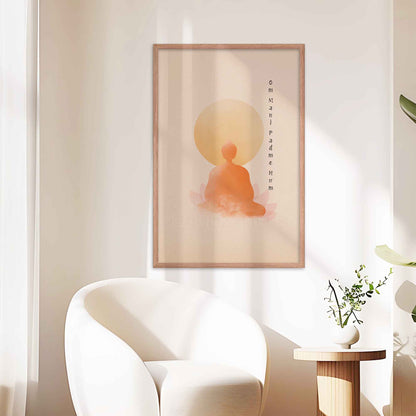 om mani padme hum poster with Buddha in meditation, lotus wall art, displayed in oak frame hung on a living room wall.