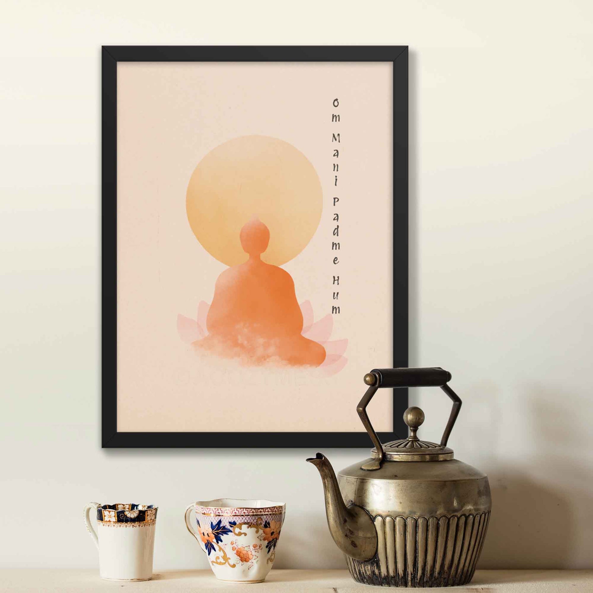 om mani padme hum poster with Buddha in meditation, lotus wall art, displayed in black frame as a spiritual wall art.