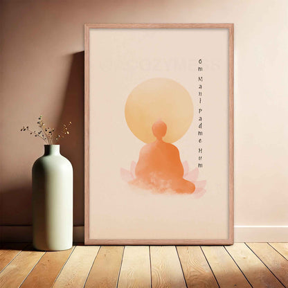 om mani padme hum poster with Buddha in meditation, lotus wall art, displayed in oak frame.