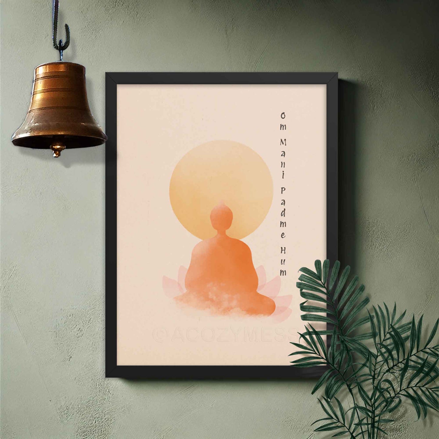 om mani padme hum poster with Buddha in meditation, lotus wall art, displayed in black frame hung on a temple wall.