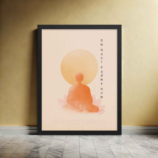 om mani padme hum poster with Buddha in meditation, lotus wall art, displayed in black frame.