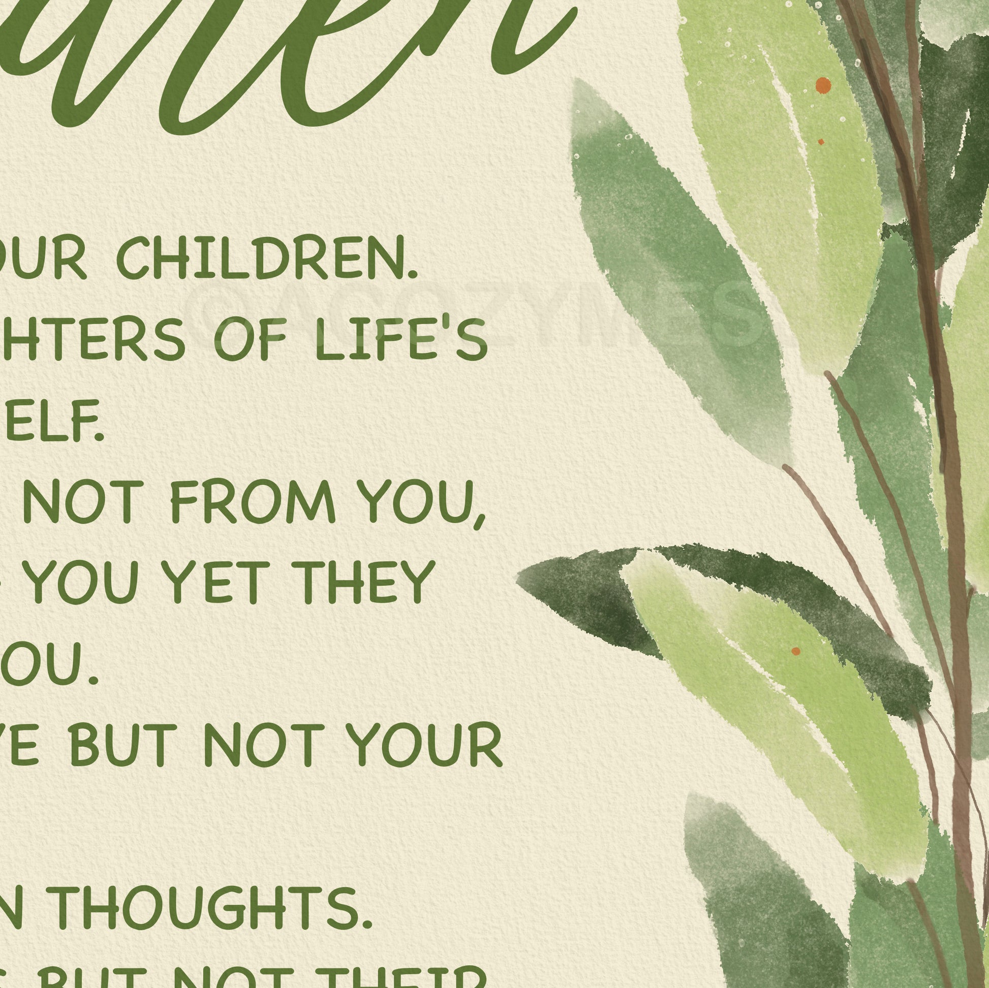 Kahlil Gibran On Children Poster with leaves illustration.