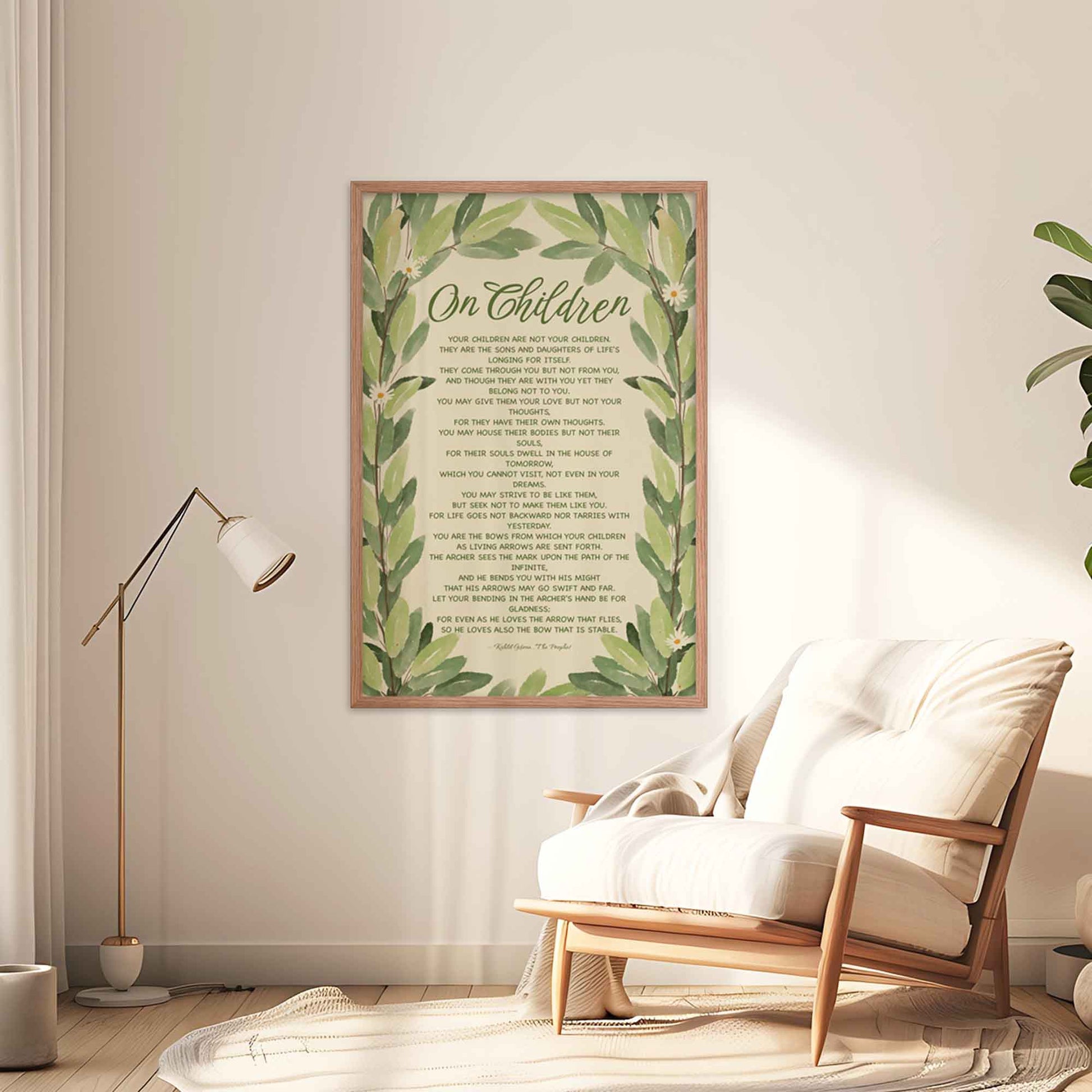 Poster featuring Kahlil Gibran’s quote, ‘Your children are not your children. They are the sons and daughters of Life’s longing for itself...’ with a leaves art, displayed in oakwood frame.