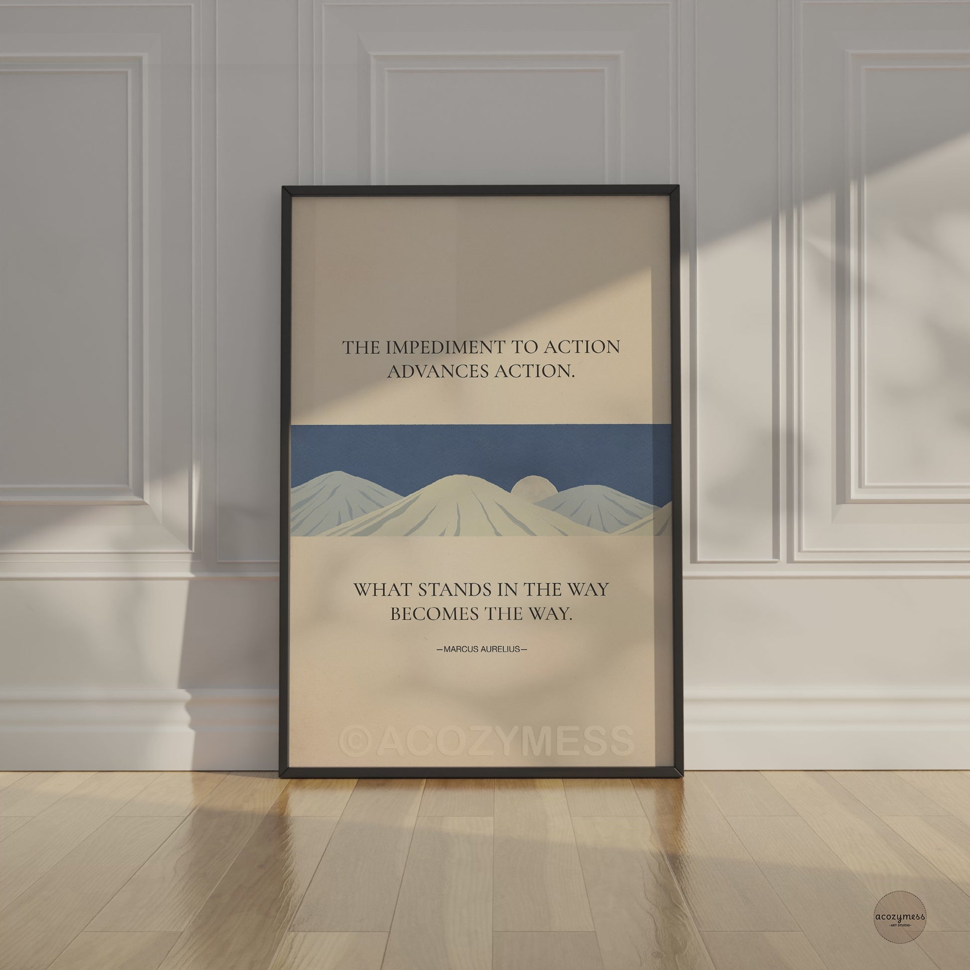 Modern Stoic philosophy wall art framed in black with minimalist mountain design
