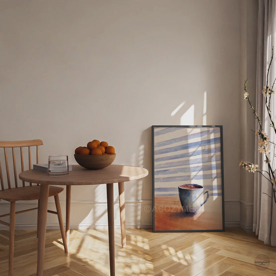 coffee cup art poster for cafe n decor displayed in black frame