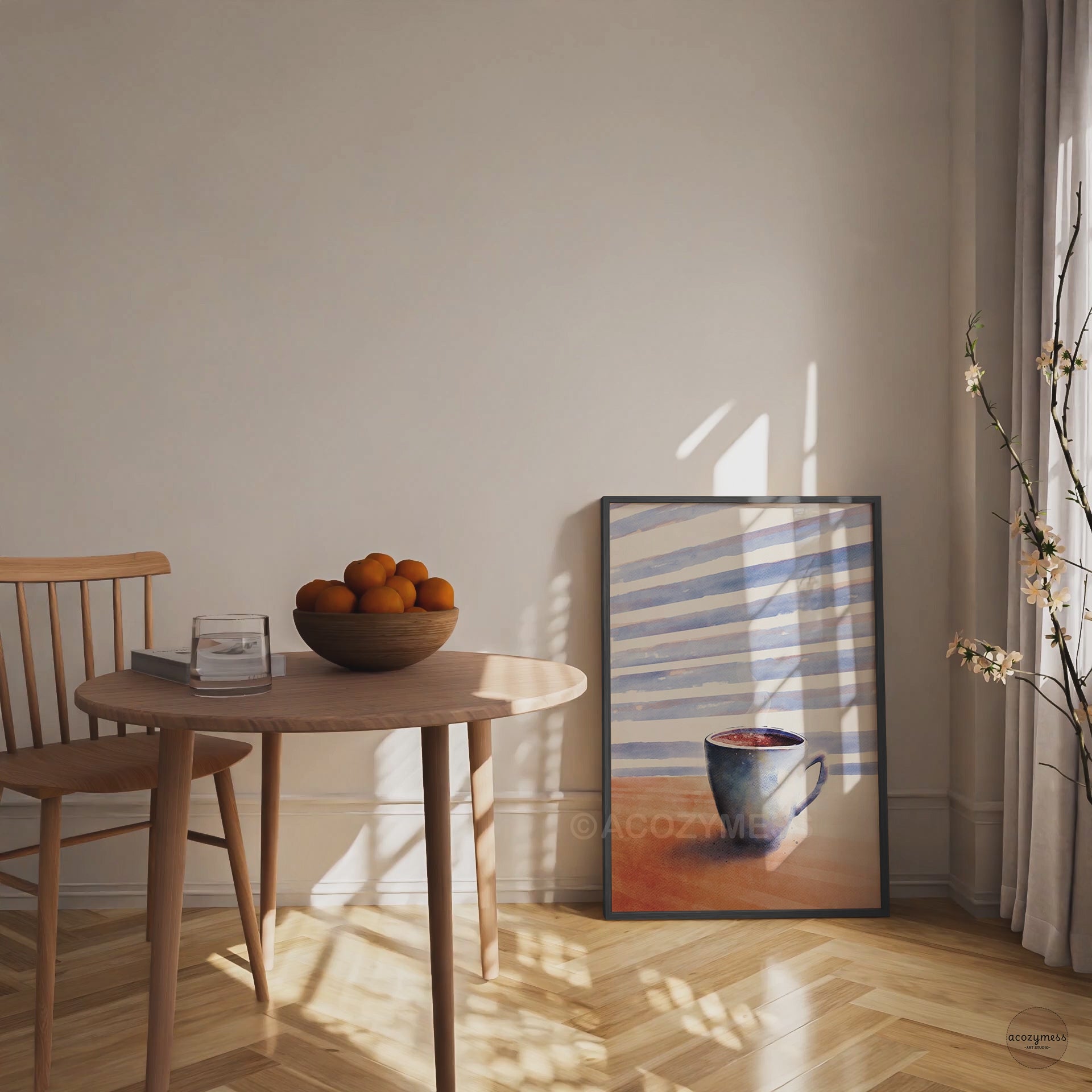 coffee cup art poster for cafe n decor displayed in black frame