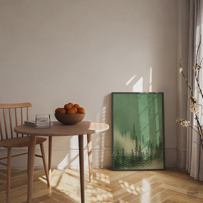 Misty pine forest wall art in black frame with deep green woodland tones