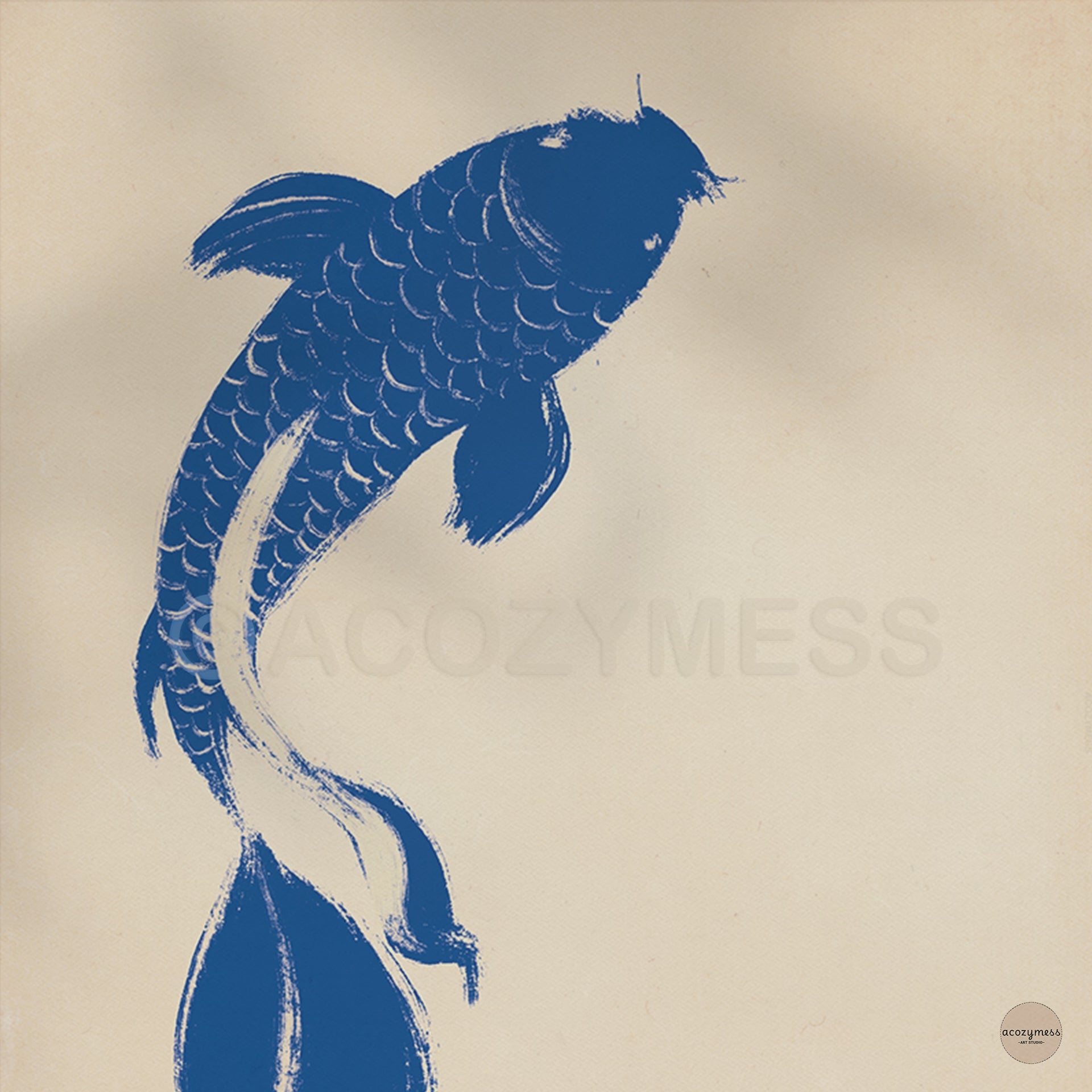 Japanese koi fish poster blue on beige