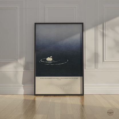 Black framed Stoic quote poster with “Harmony with himself” by Marcus Aurelius and serene art.