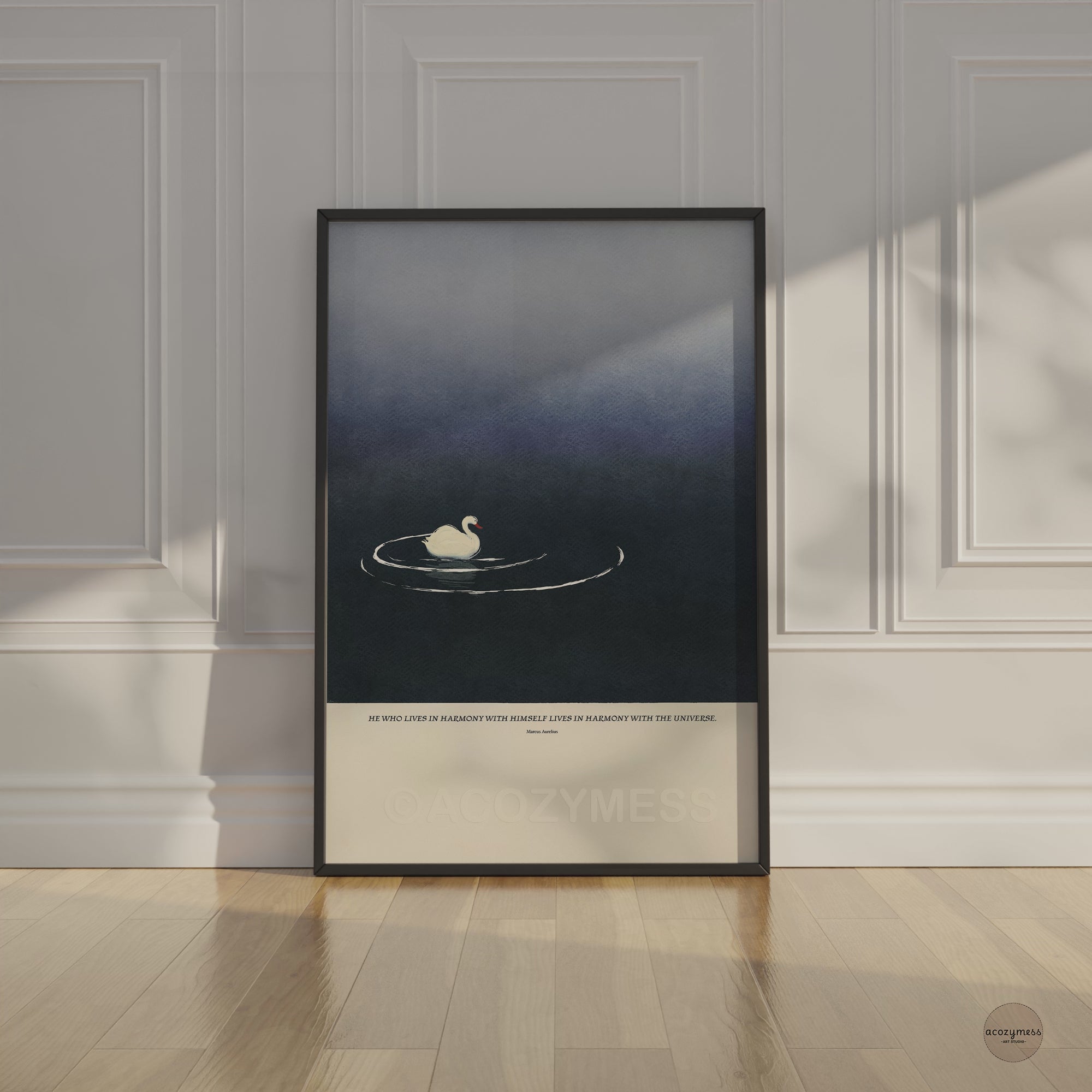 Black framed Stoic quote poster with “Harmony with himself” by Marcus Aurelius and serene art.
