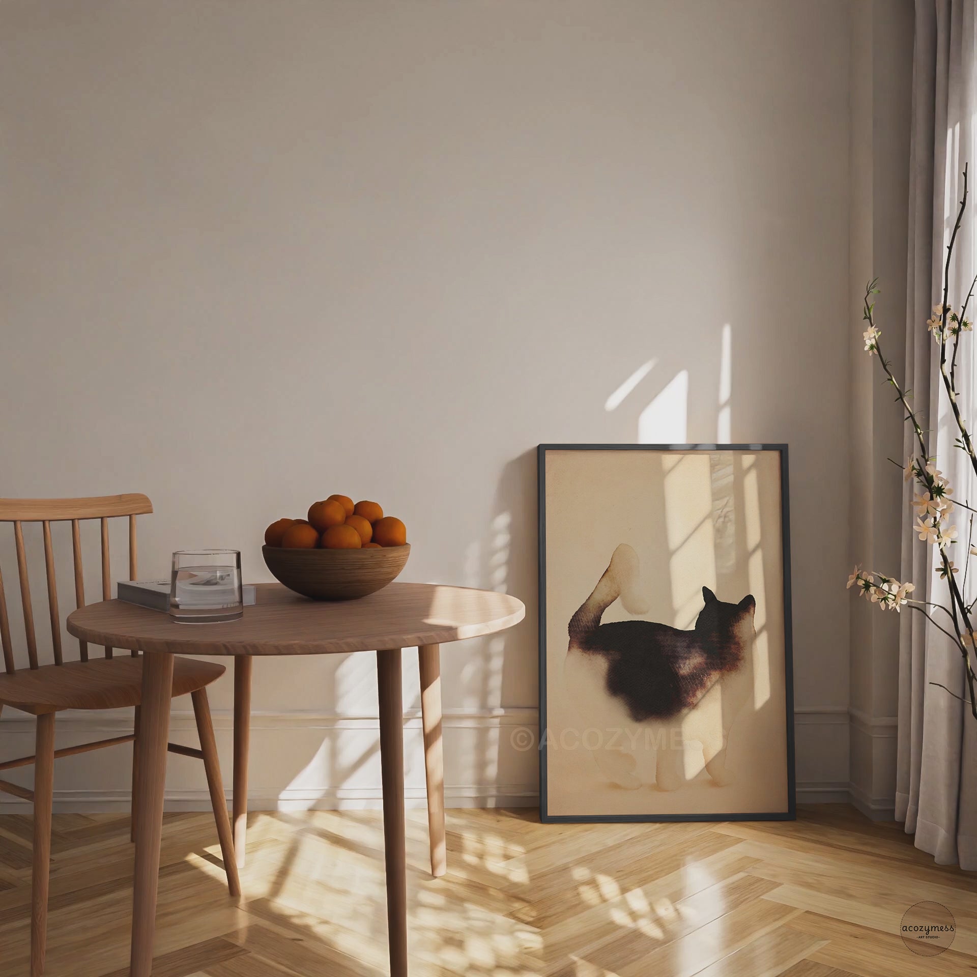 Video of minimalist watercolor black and white cat art poster with tail held high in a cozy room