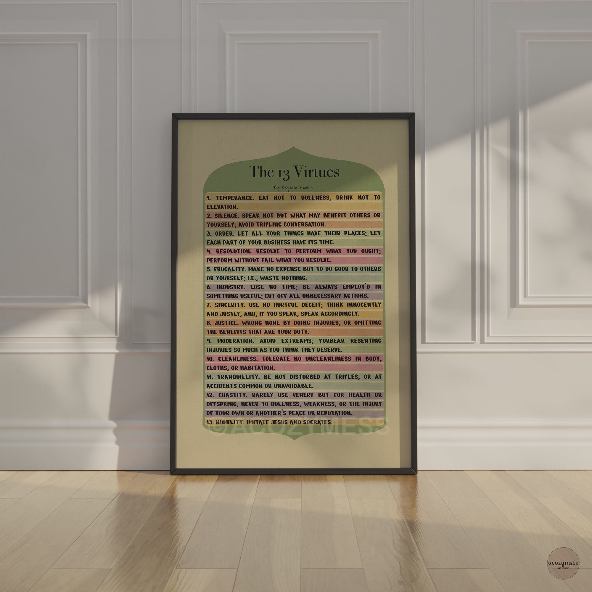 13 Virtues by Benjamin Franklin poster in black frame.