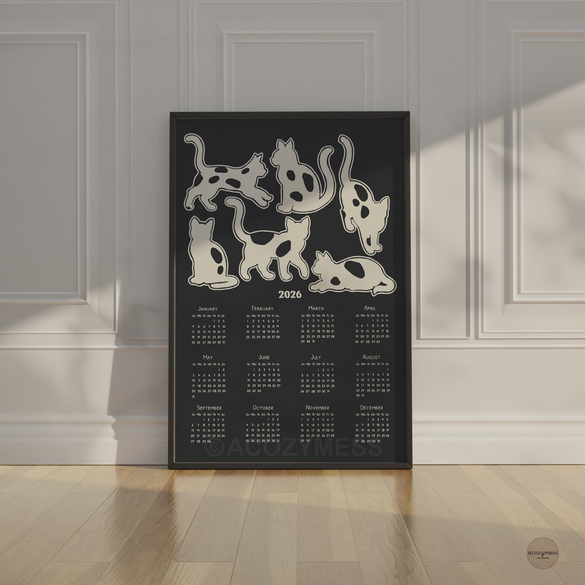 2026 calendar with white and black cats illustrations on a black background