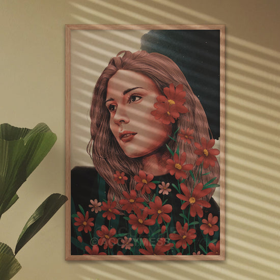 woman with flowers poster framed in oakwood