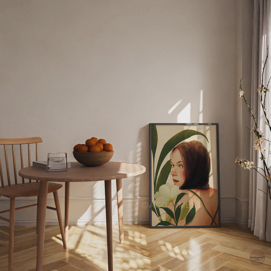 Modern boho woman portrait wall art in beige, green and terracotta with leaves and flowers in a black frame