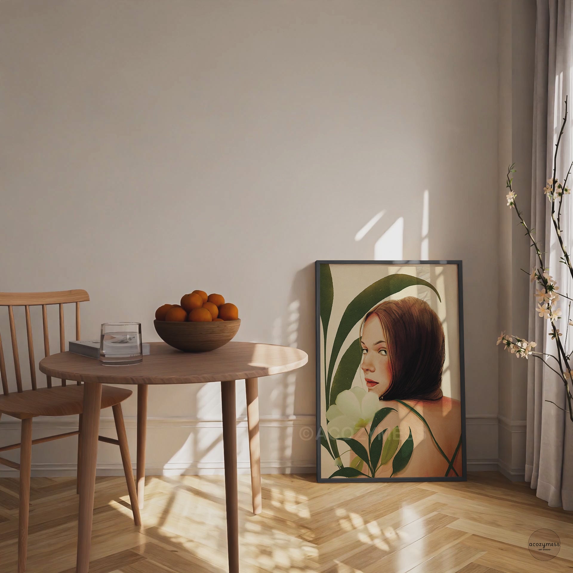 Modern boho woman portrait wall art in beige, green and terracotta with leaves and flowers in a black frame