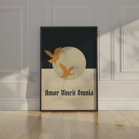 Amor Vincit Omnia framed poster with flying birds design.