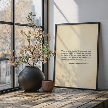 Stoic Philosophy wall art in black frame featuring Marcus Aurelius quote.