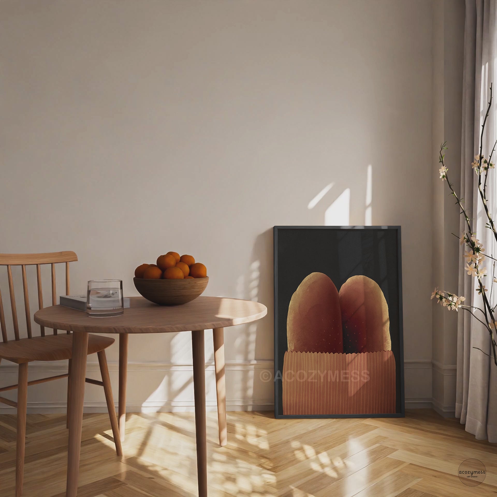 Warm and cozy baguette bread wall art in black frame, two baguettes in a brown bag on dark gray background in dining room setting.