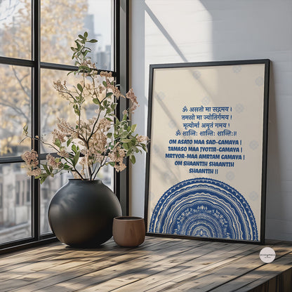 om asato maasadgamaya mantra poster with manadala art displayed in black frame