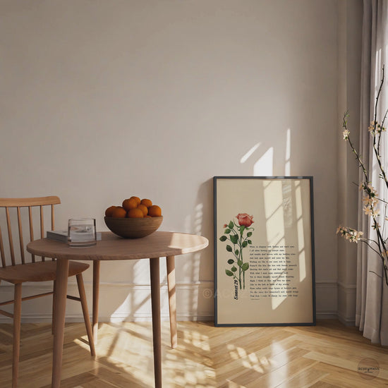 Black framed poster with a rose art and sonnet 29 by William Shakespeare