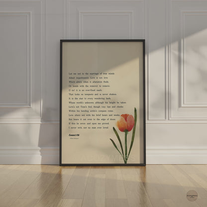 Shakespeare Sonnet 116 Wall Art – “Let Me Not to the Marriage of True Minds” Love Poem Poster with Tulip Floral Art on Beige Background