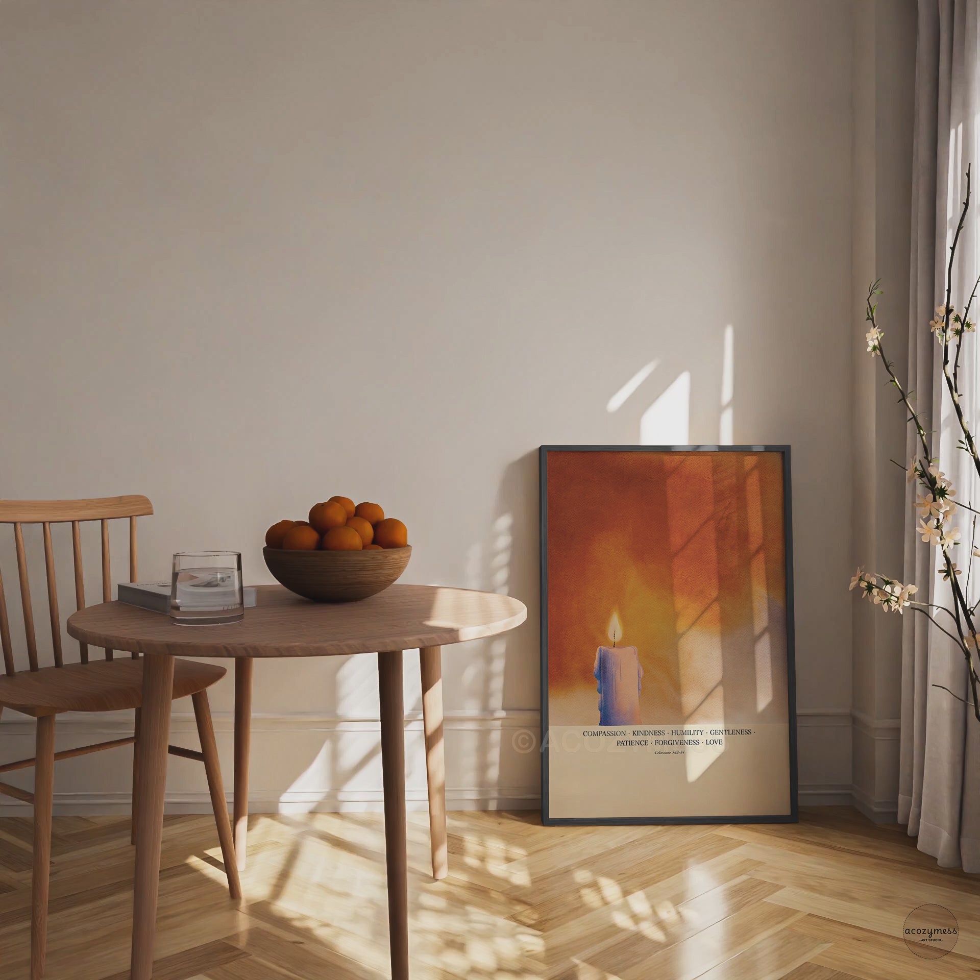 Minimal black frame holding scripture wall art featuring compassion, kindness, and love.