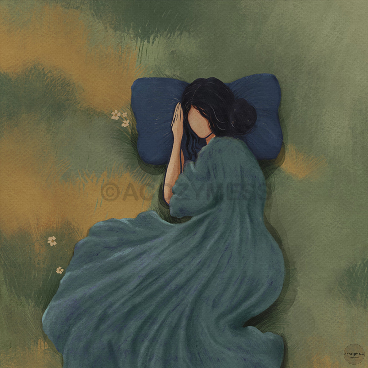 woman in blue flowy dress  resting in meadow illustration