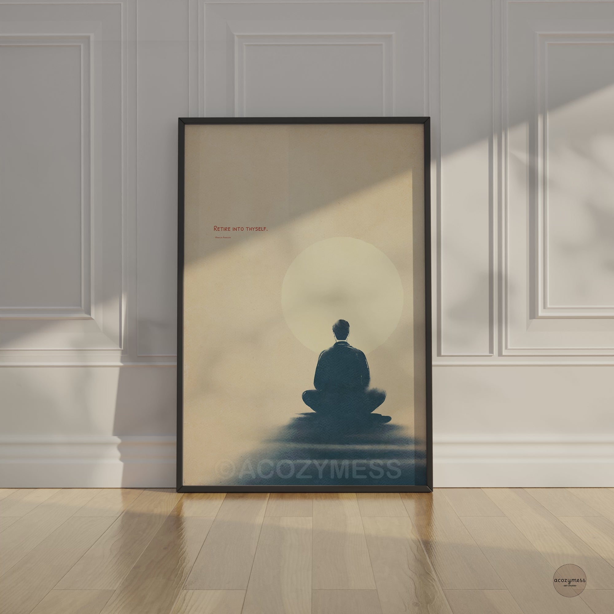 Black Framed minimalist Marcus Aurelius "Retire into thyself" Stoic poster featuring a blue and beige meditation illustration.