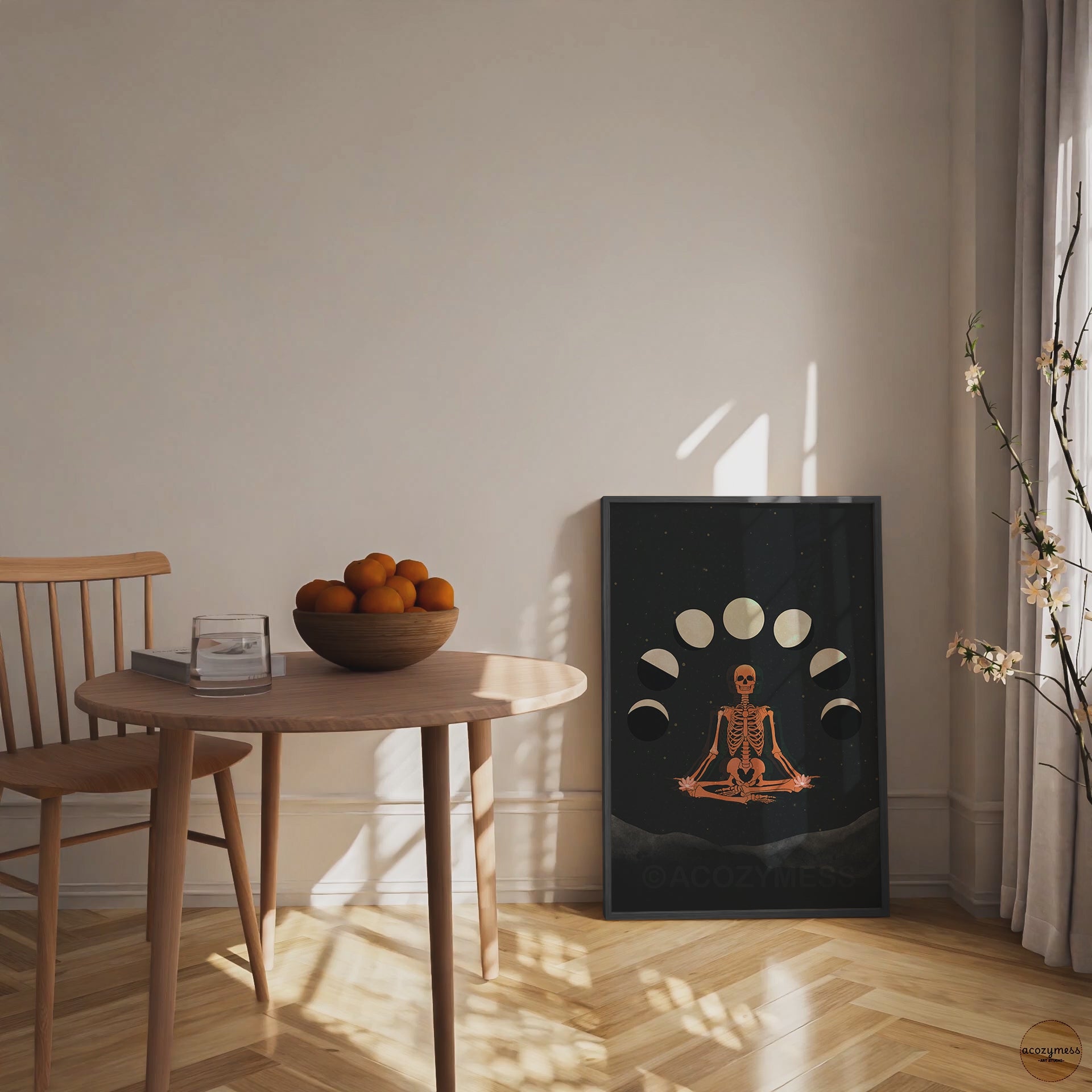 Meditating skeleton with moon phases art on starry background in black frame