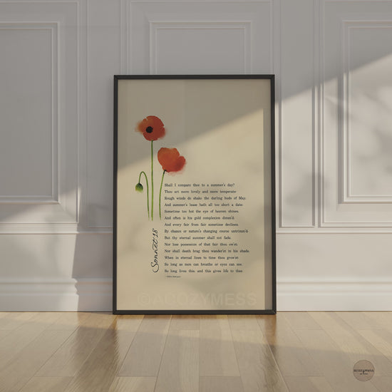 sonnet 18 poem by William Shakespeare with poppy art on beige background in black frame